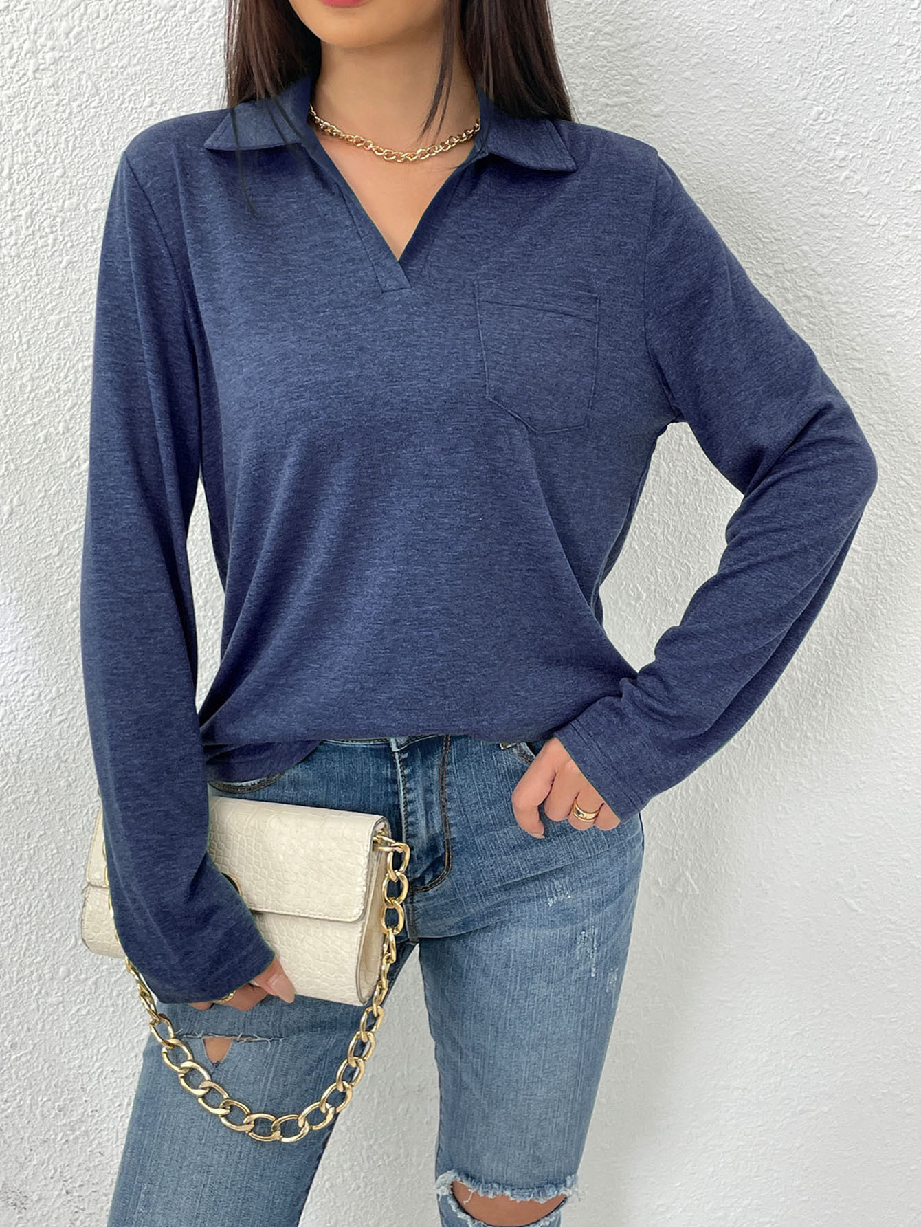 Women's Long Sleeve Solid Color Collared Loose Pocket T-Shirt