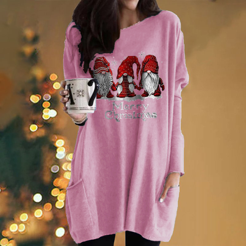 Christmas Santa Print Long-Sleeve Pocket Round-Neck T-Shirt Dress