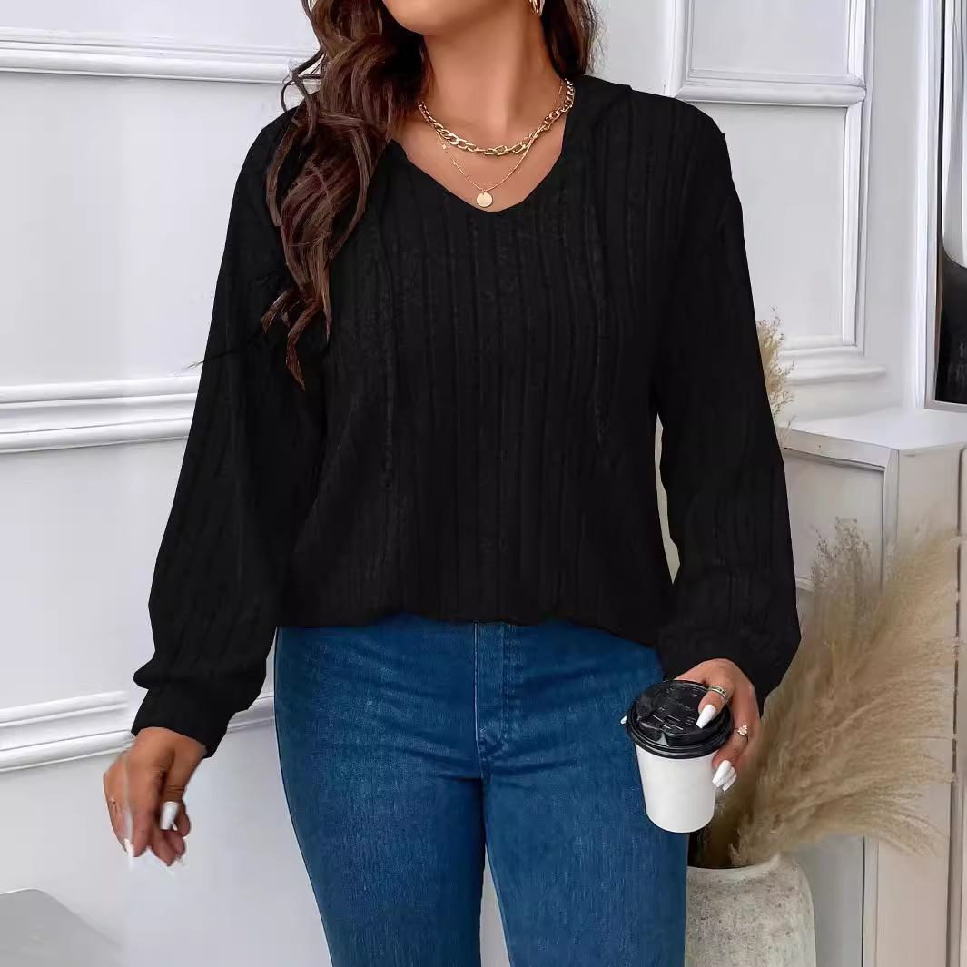 Women's Plus Size V-Neck Hooded Long Sleeve Ribbed Brushed T-Shirt Loose Fit