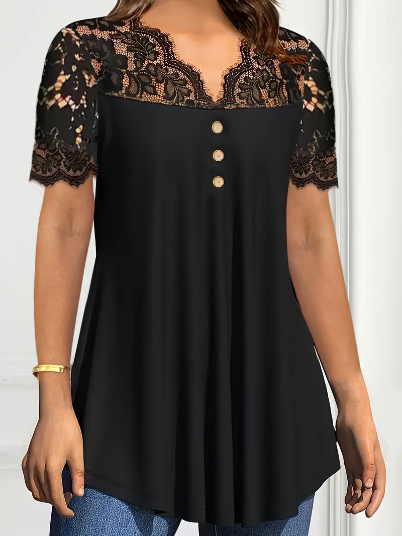 Women's Solid Lace Short Sleeve V-Neck Casual Blouse