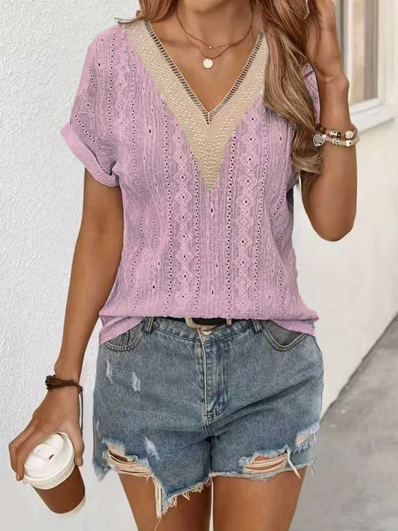 Women's Color-Block V-Neck Hollow-Out Knit Short-Sleeve Top with Rolled Cuffs