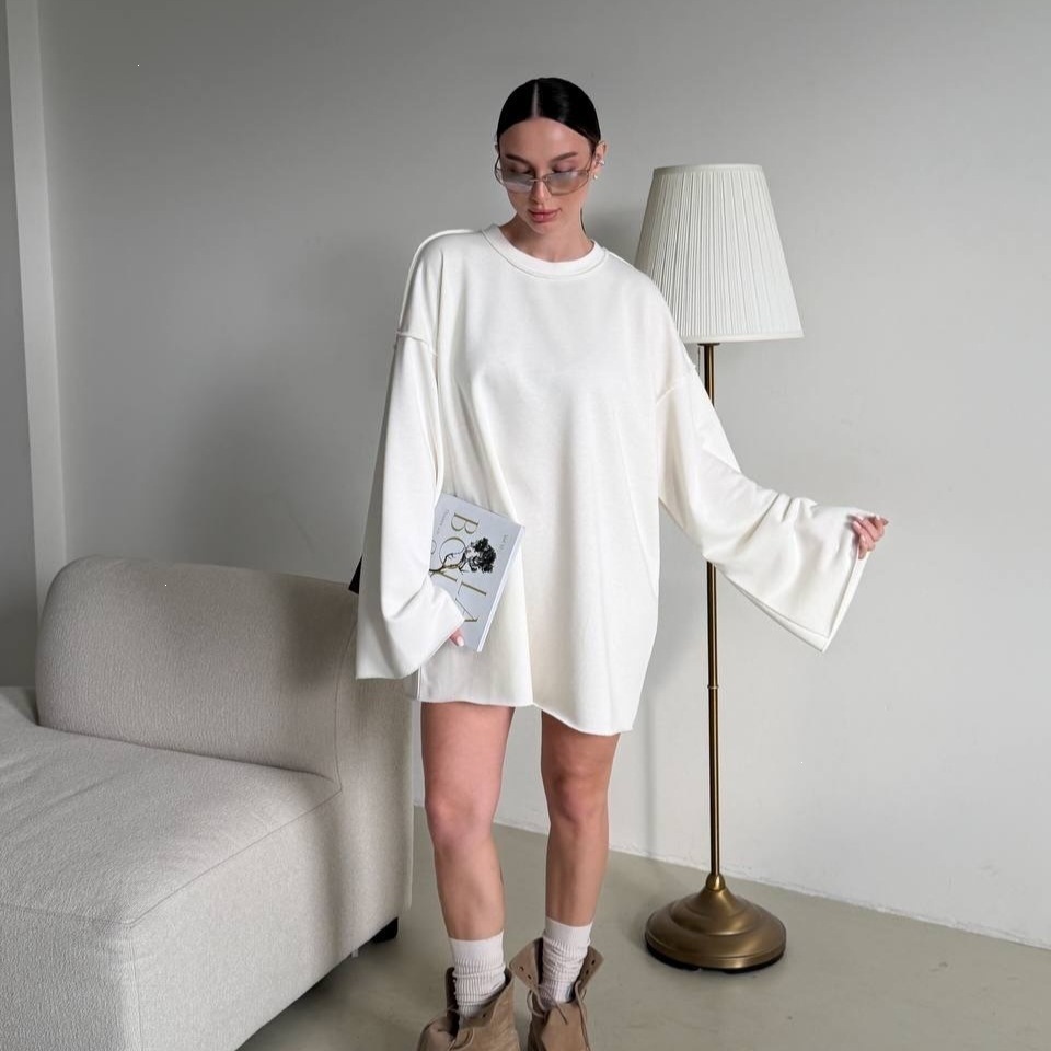 Women's Oversized Midi Sweatshirt Dress Long Sleeve Crew Neck Solid Color