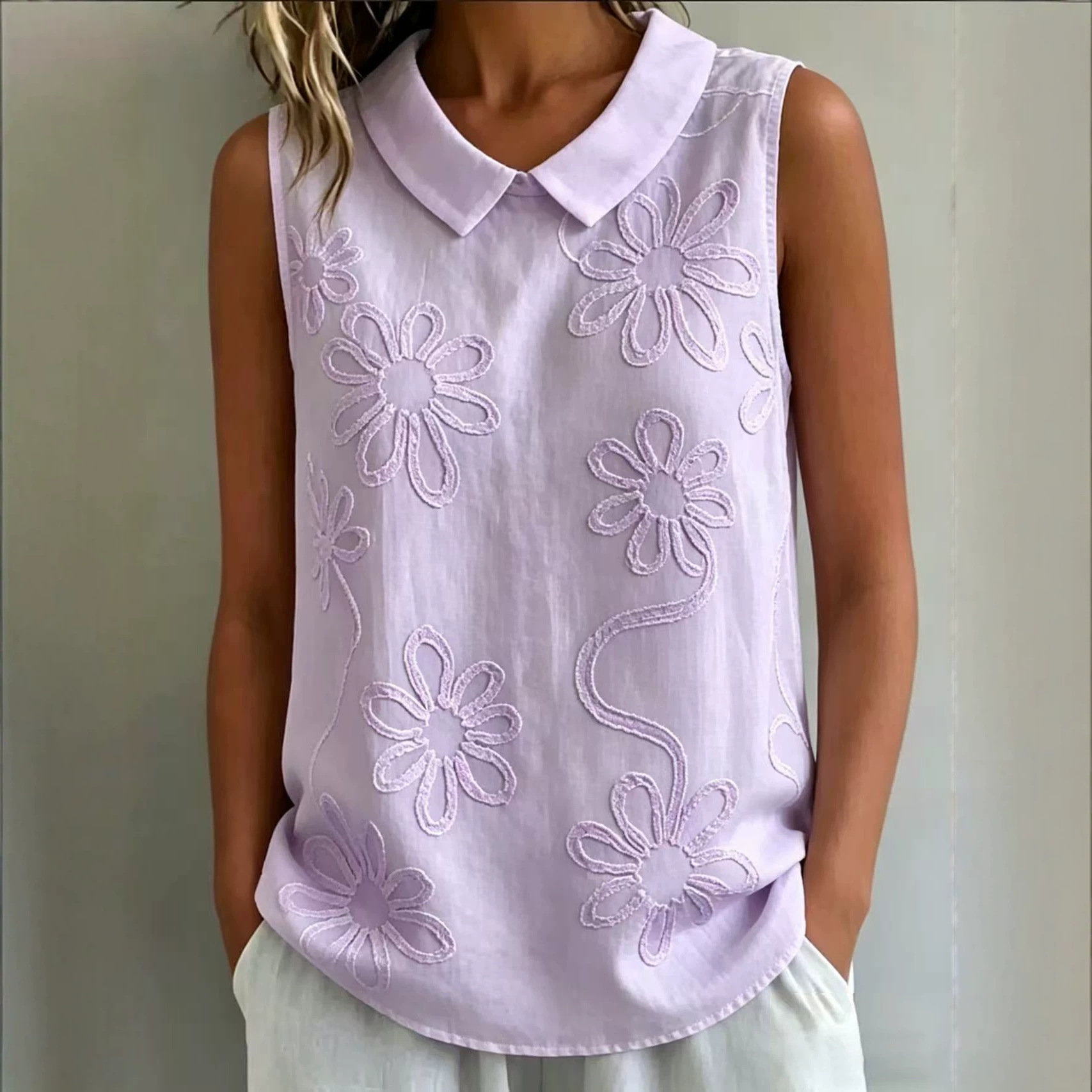 Floral Embroidered Sleeveless Tank Top Loose Fit