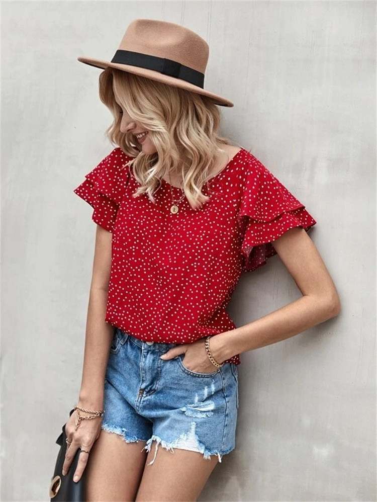 Polka Dot Ruffle Sleeve Round Neck T-Shirt