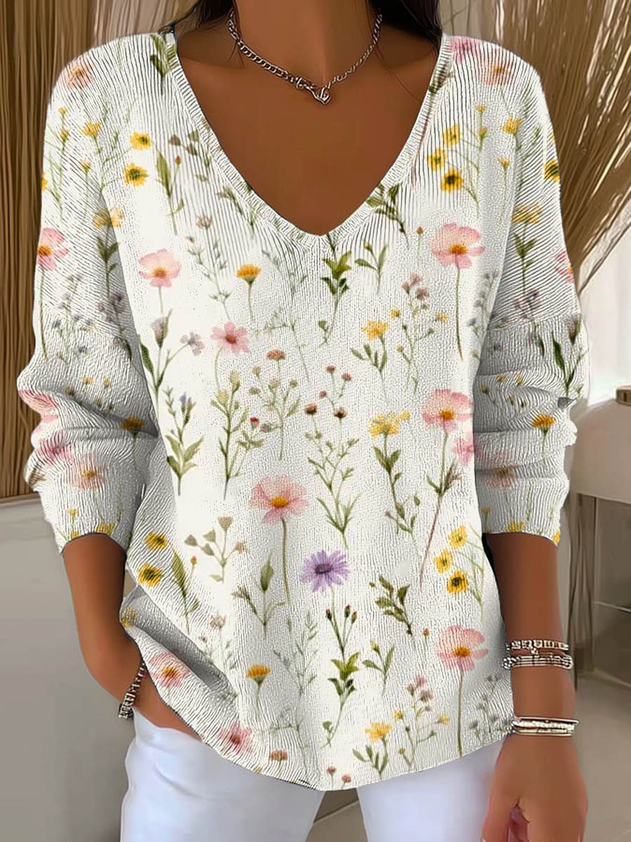 Maple Leaf Print V-Neck Long Sleeve T-Shirt