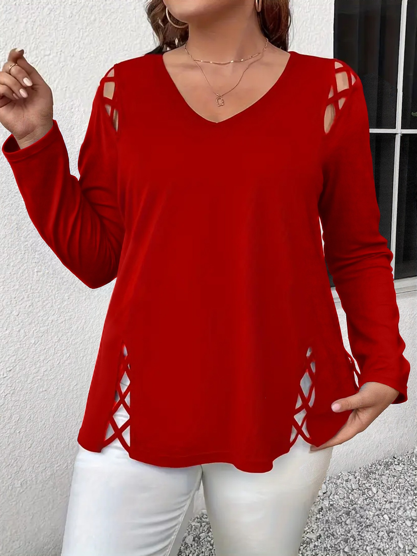 Plus Size Sexy V-Neck Crisscross Cutout Long Sleeve T-Shirt