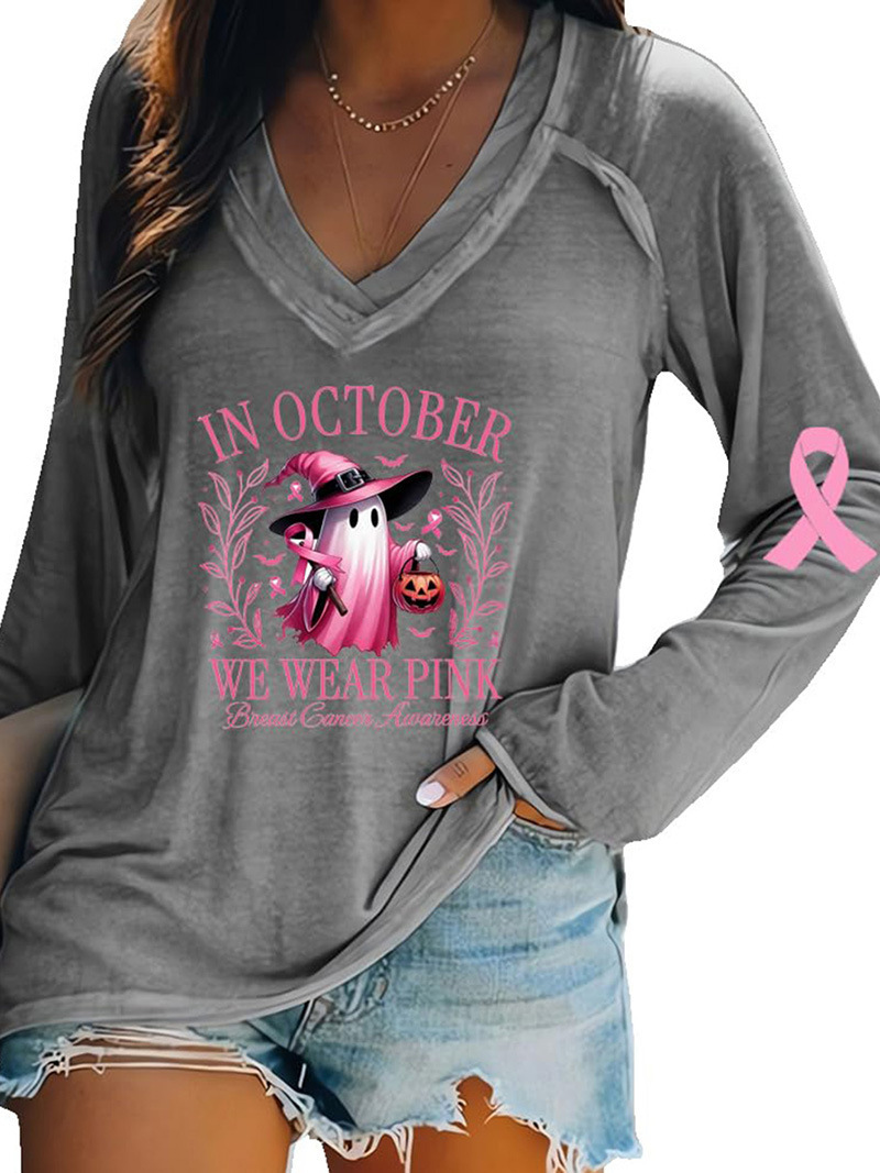 Women's V-Neck Long-Sleeve Halloween Pumpkin Ghost Ribbon Print T-Shirt
