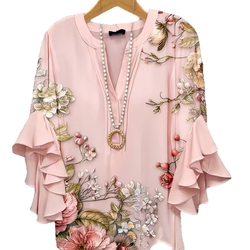 Floral Print Rolled Sleeve V-Neck Women's Top