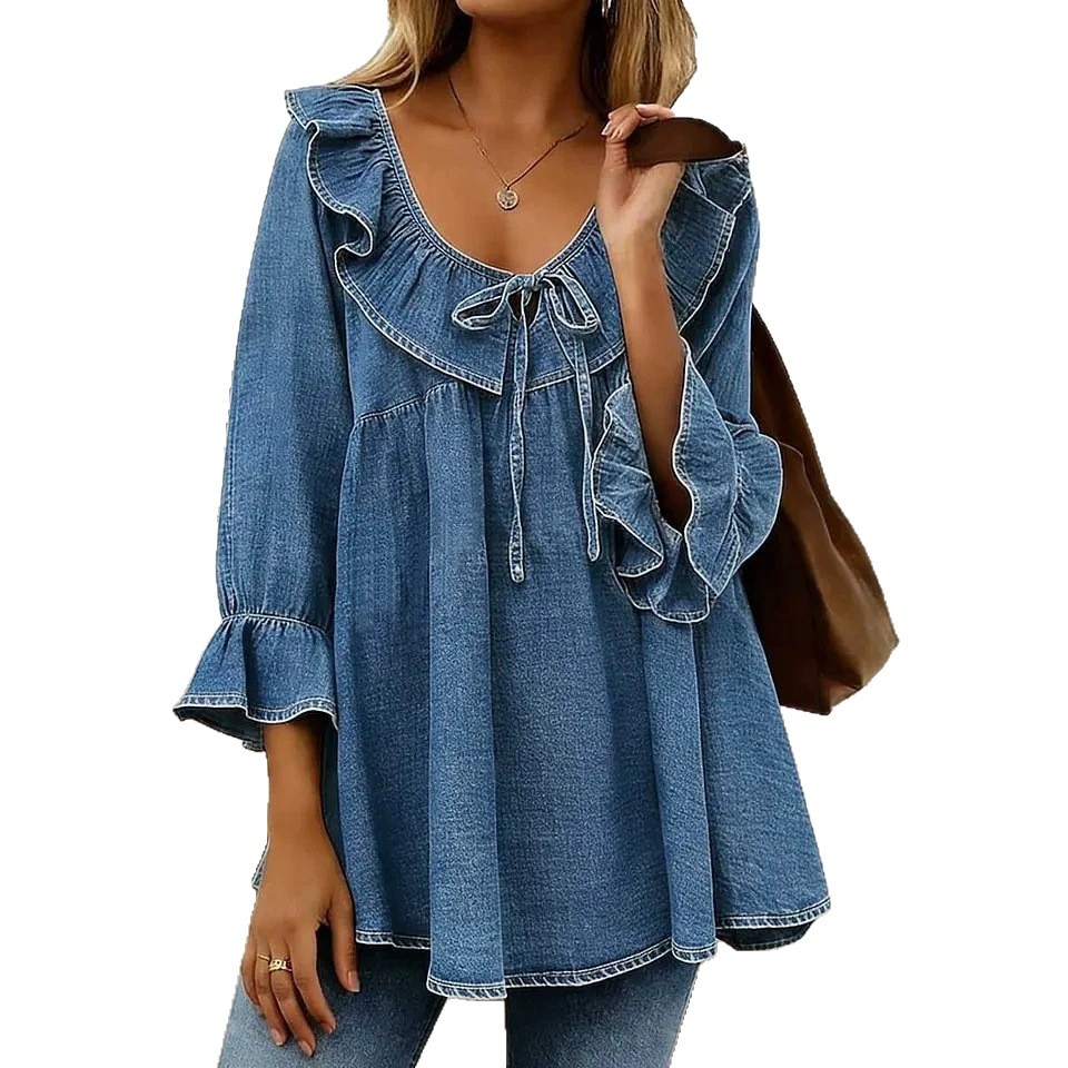 Women's Casual Loose V-Neck Ruffle Sleeve T-Shirt