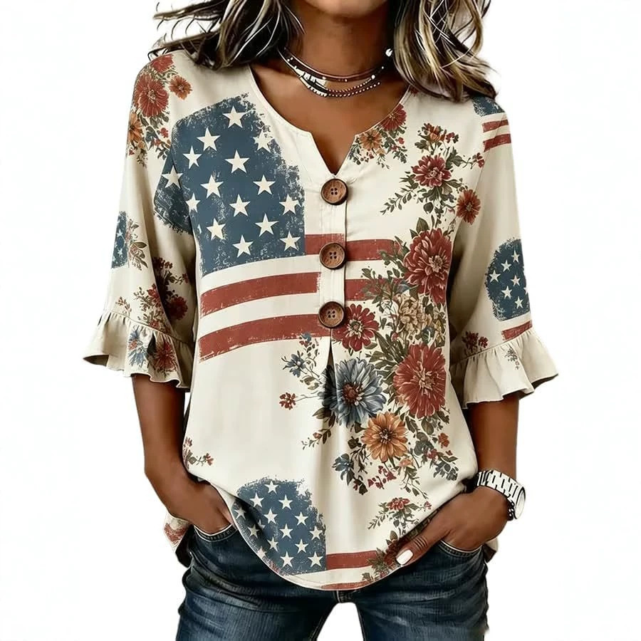 Women's American Floral Flag Print V-Neck Half-Sleeve T-Shirt