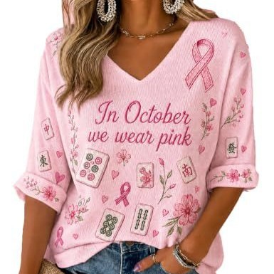 Ribbon Floral Mahjong Print V-Neck Mid-Sleeve T-Shirt