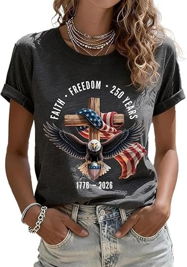 Eagle American Flag Cross Print Crewneck Short Sleeve T-Shirt