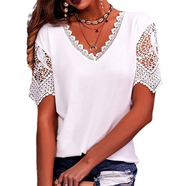 Women's Lace Trim Loose V-Neck Short Sleeve T-Shirt