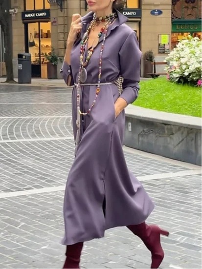 Women's Solid Color High Waist Loose Flattering Midi Shirt Dress with Collar