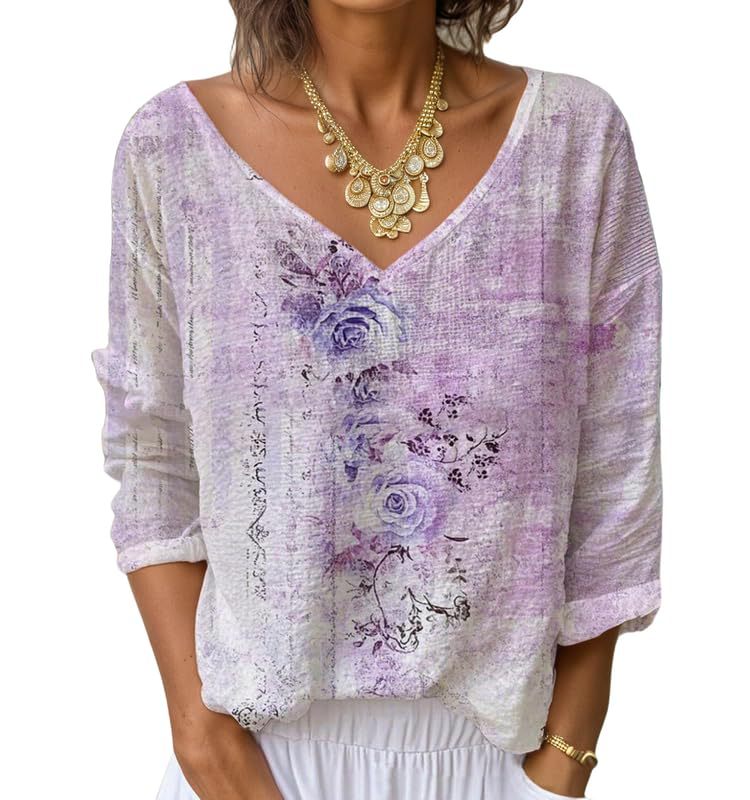 Women's V-Neck Long Sleeve Printed T-Shirt