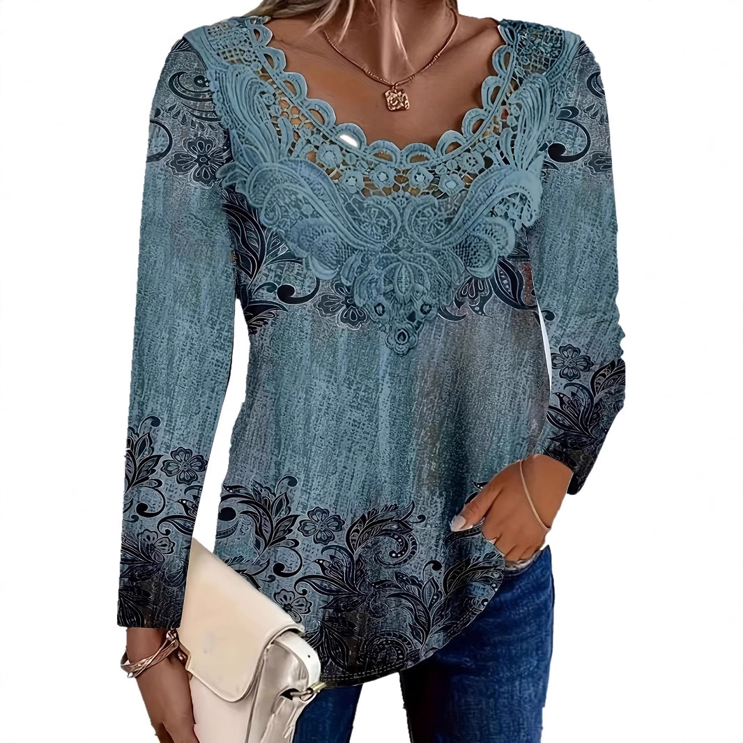 Women's Lace Trim Round Neck Long Sleeve Top