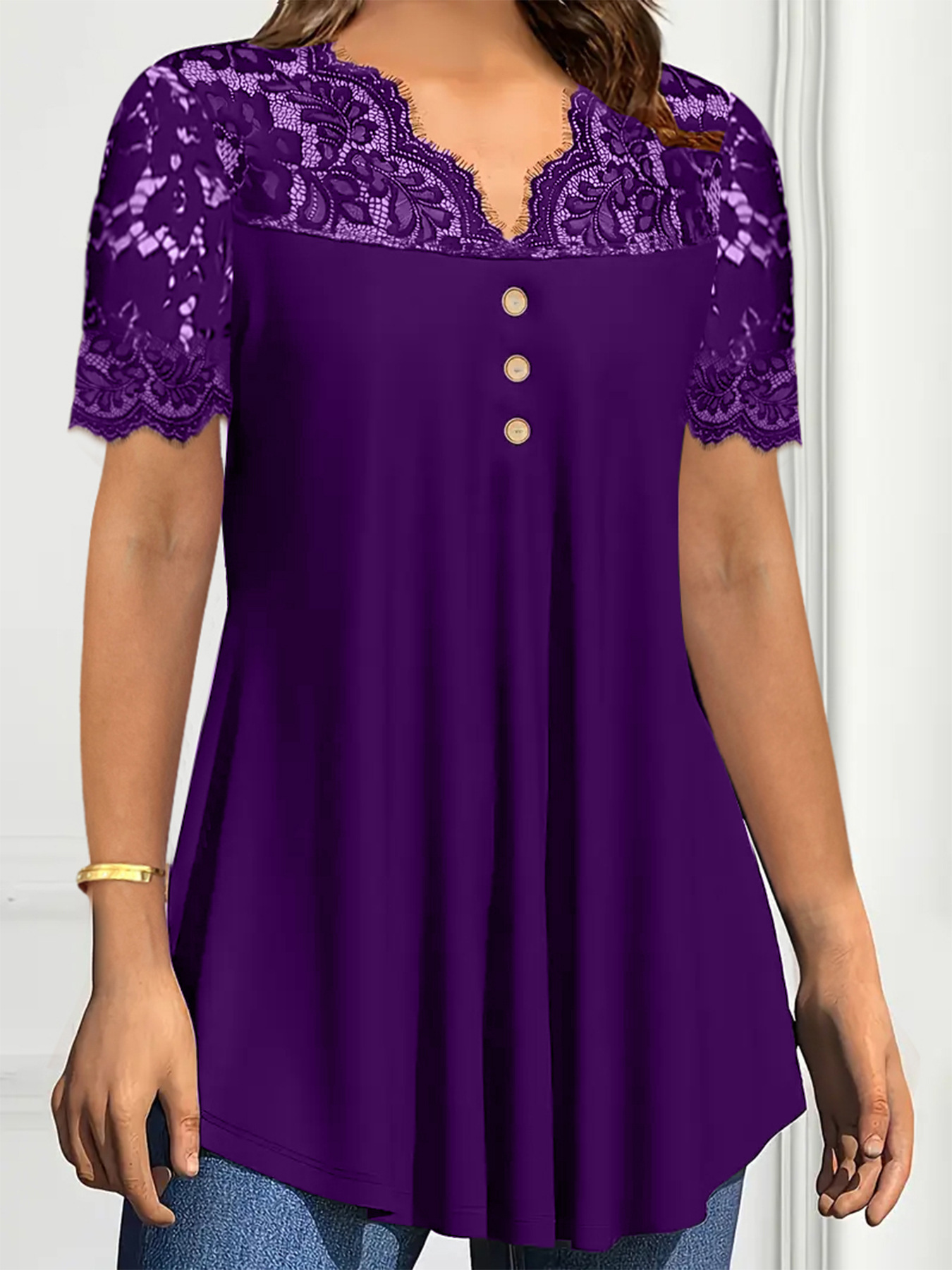 Women's Solid Lace Short Sleeve V-Neck Casual Blouse