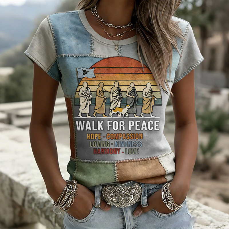 Women's Summer Waist-Fitted Crew Neck Short Sleeve Top with Monk and Peace Dog Print