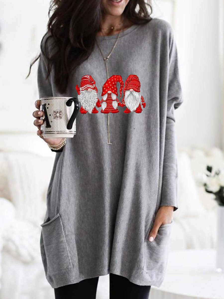 Santa Print Long Sleeve Round Neck Pocket Dress