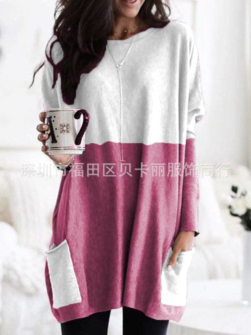 Women's Crewneck Long Sleeve Patchwork Pocket T-Shirt