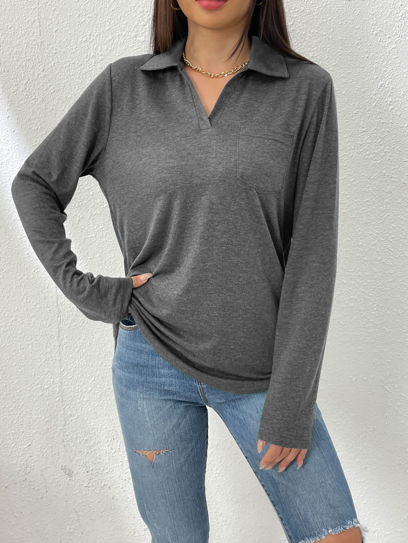 Women's Long Sleeve Solid Color Collared Loose Pocket T-Shirt