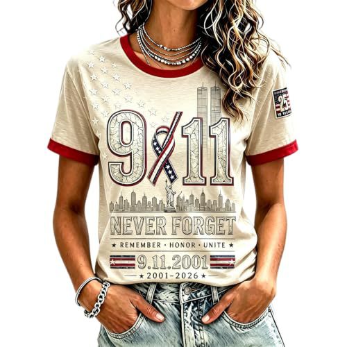 911 Twin Towers Ribbon Flag Print Short Sleeve T-Shirt