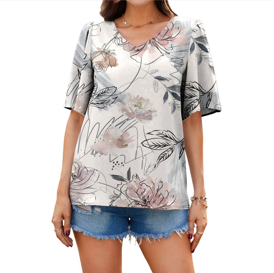 Women's Loose V-Neck Ruffle Sleeve Casual Top