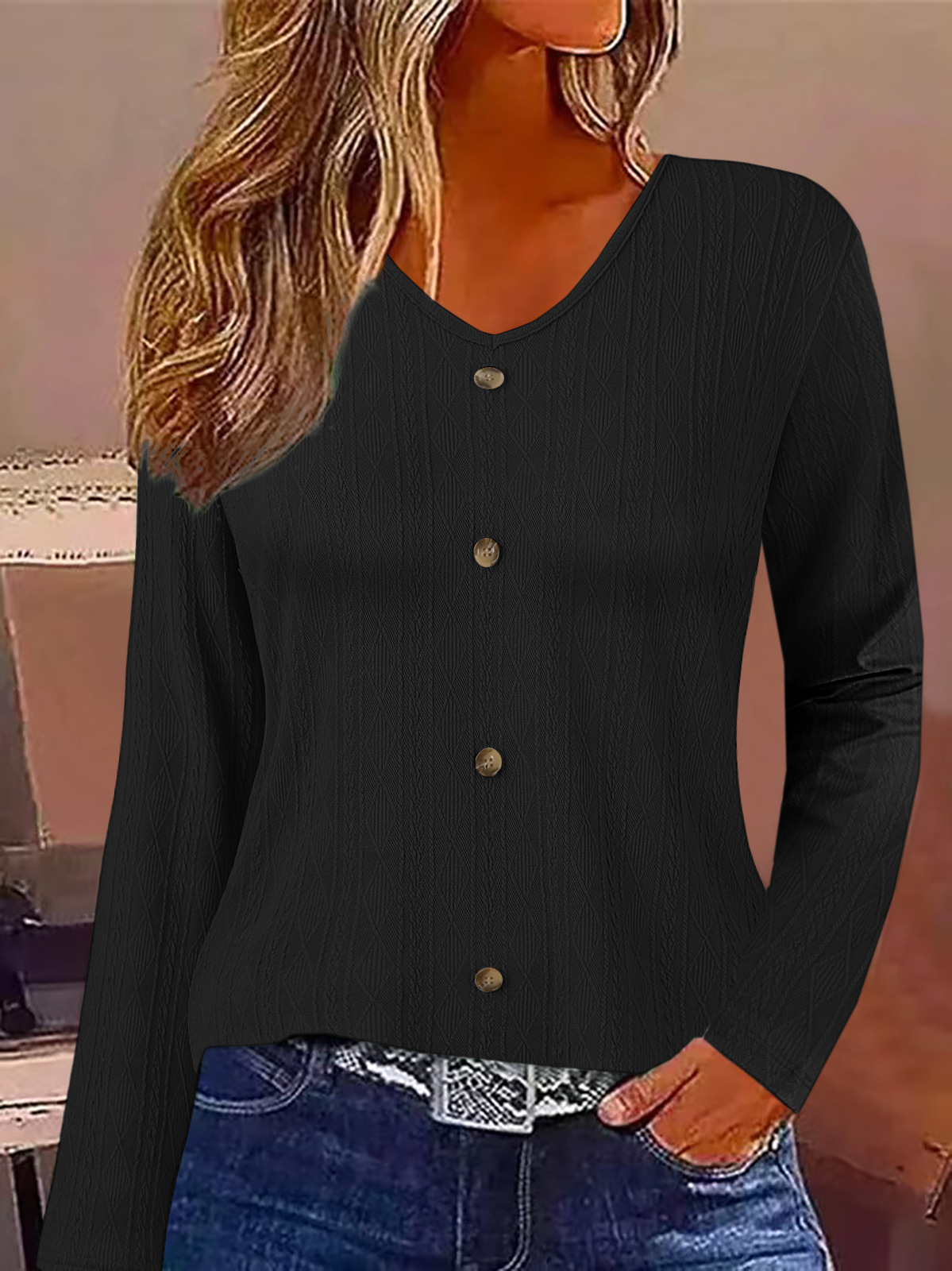 Women's V-Neck Long Sleeve Top Casual Loose Fit
