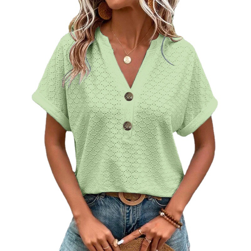 Women's Casual Solid Button V-Neck Short Sleeve T-Shirt
