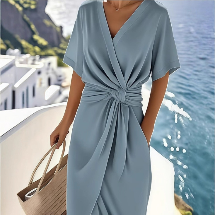 Women's Satin Wrap Tie Dress with Slit V-Neck Short Sleeve Midi