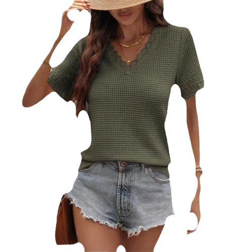 Women's V-Neck Waffle Knit Lace Trim Short Sleeve Top