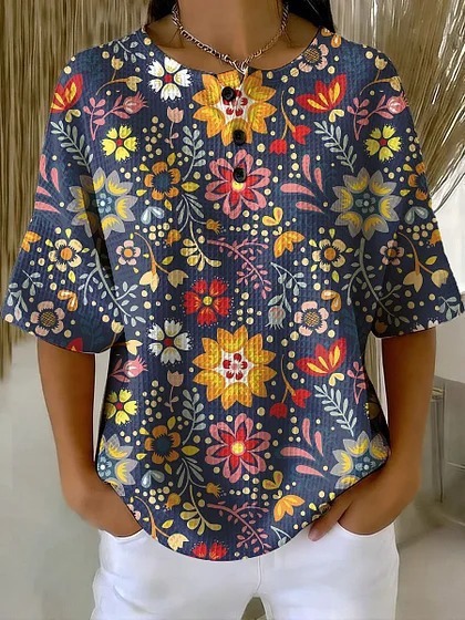 Summer Plaid Floral Print Short Sleeve Button-Up Top