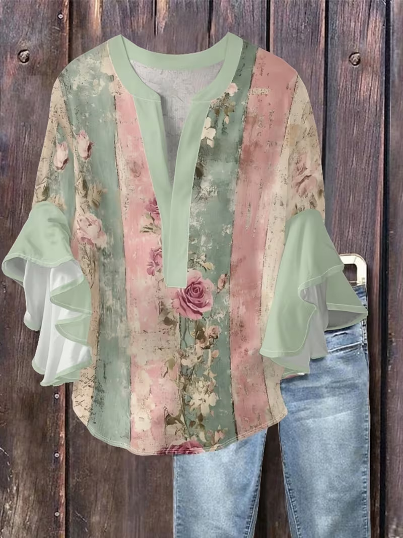 Floral Print V-Neck Rolled Sleeve Casual Women's T-Shirt