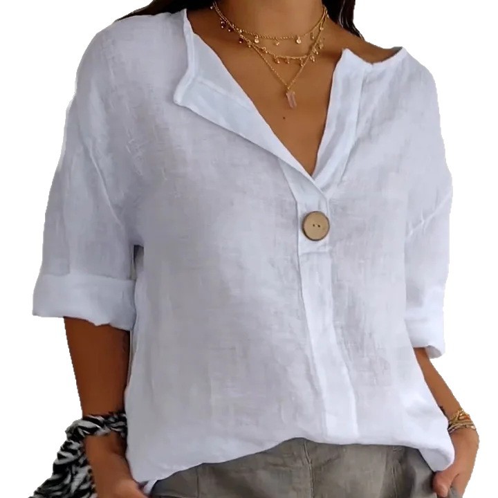 Women's Loose V-Neck Button Cotton-Blend T-Shirt