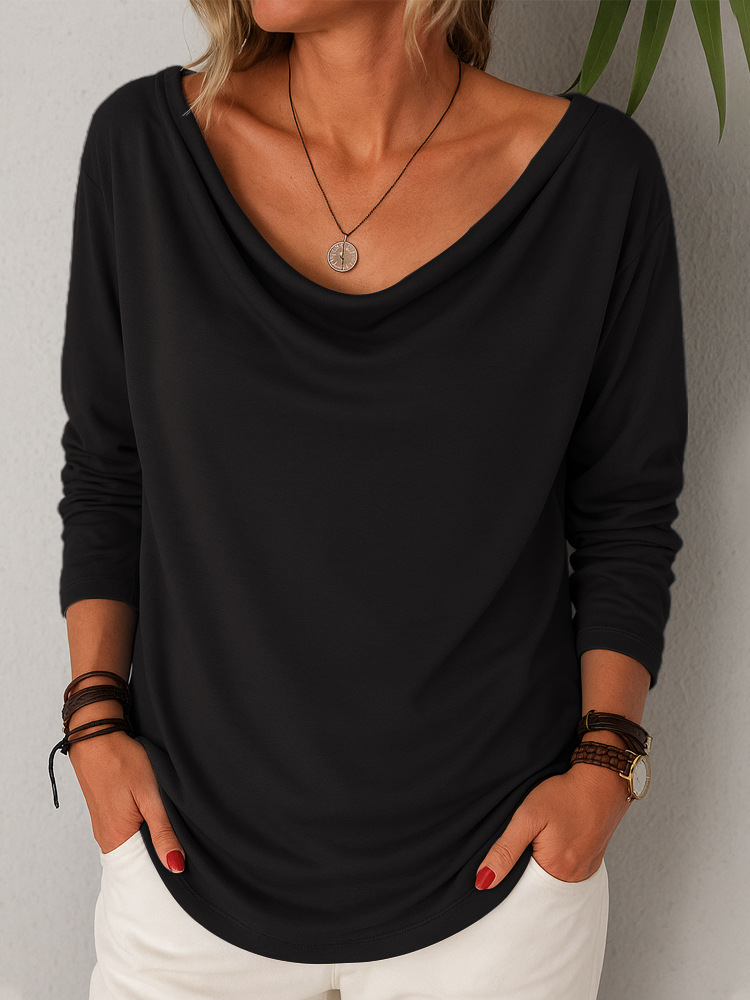 Women's Casual Loose Long Sleeve Solid Color Cowl Neck Pullover T-Shirt