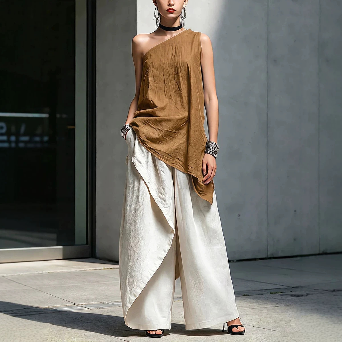 Asymmetric One-Shoulder Cotton-Linen Top Women's Loose Casual T-Shirt