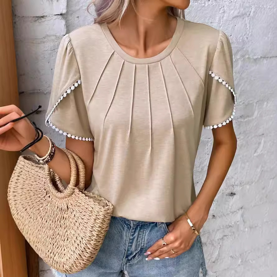 Pleated Short Sleeve T-Shirt with Petal Sleeves and Round Neck