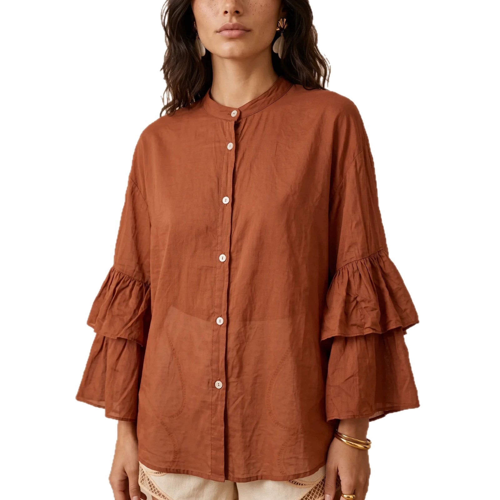 Women's Solid Color Stand Collar Button Double-Layer Bell Sleeve Loose Casual Shirt