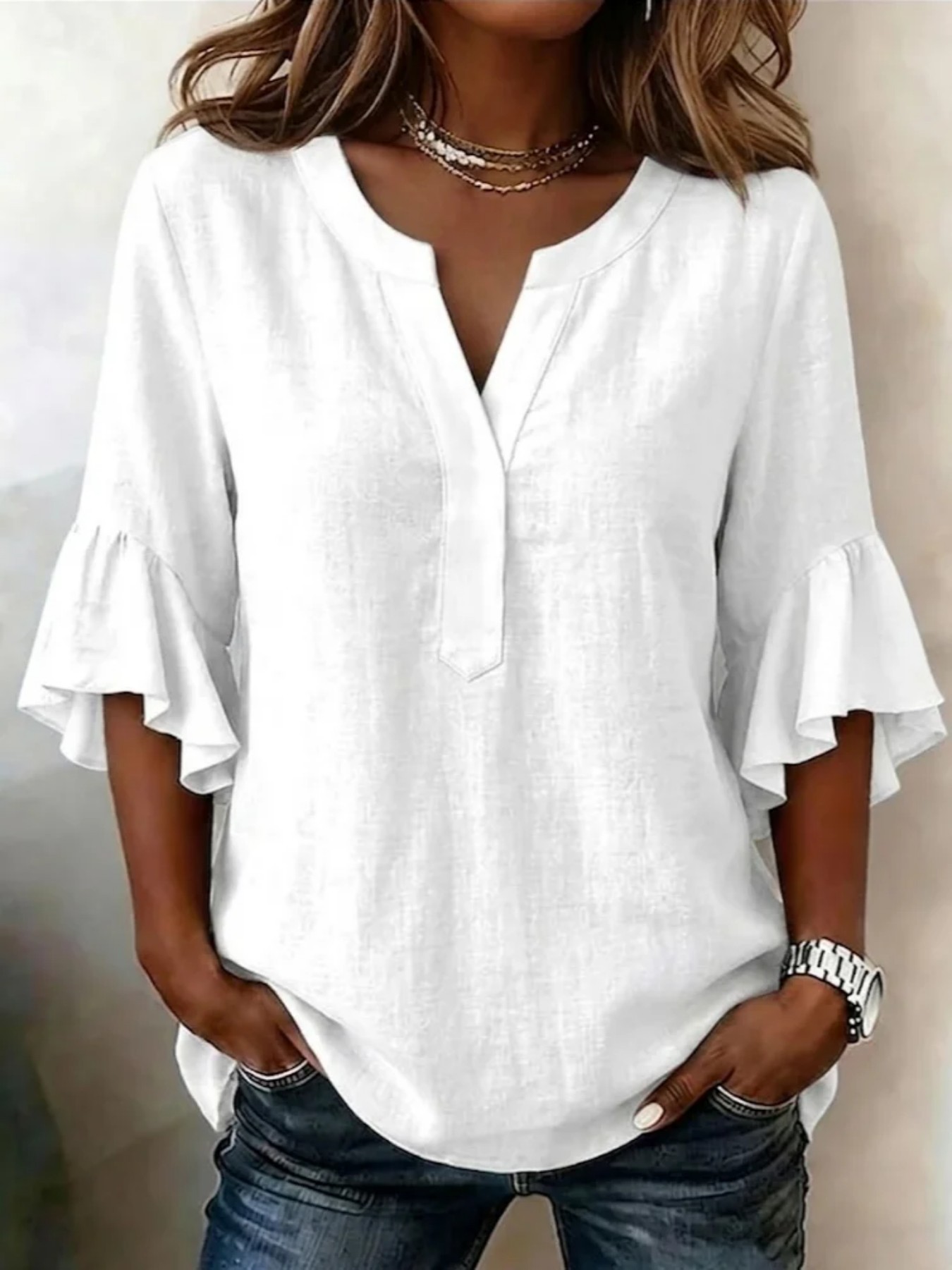 Floral Print Rolled Sleeve V-Neck Women's Top