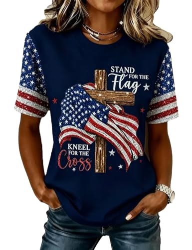 Summer Cross American Print Crewneck Short Sleeve Women's Top