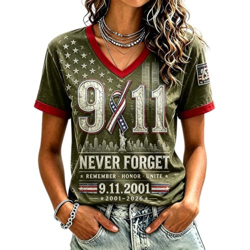 Twin Towers Anniversary Print V-Neck Short Sleeve Women's T-Shirt