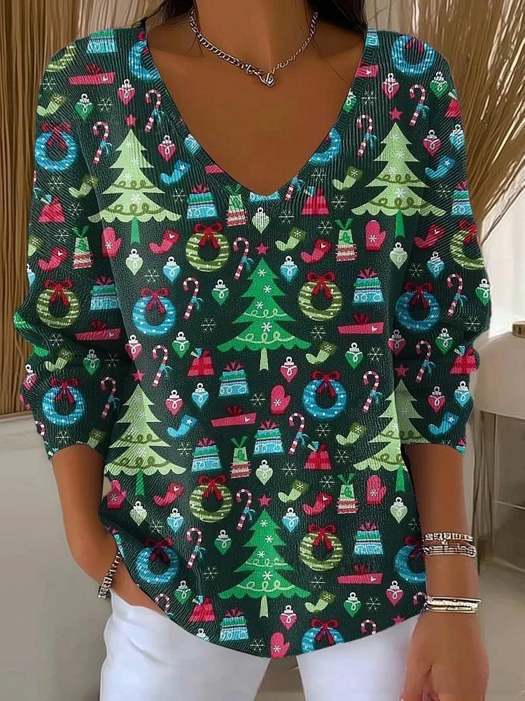 Halloween Plant & Tree Print V-Neck Long-Sleeve T-Shirt for Women