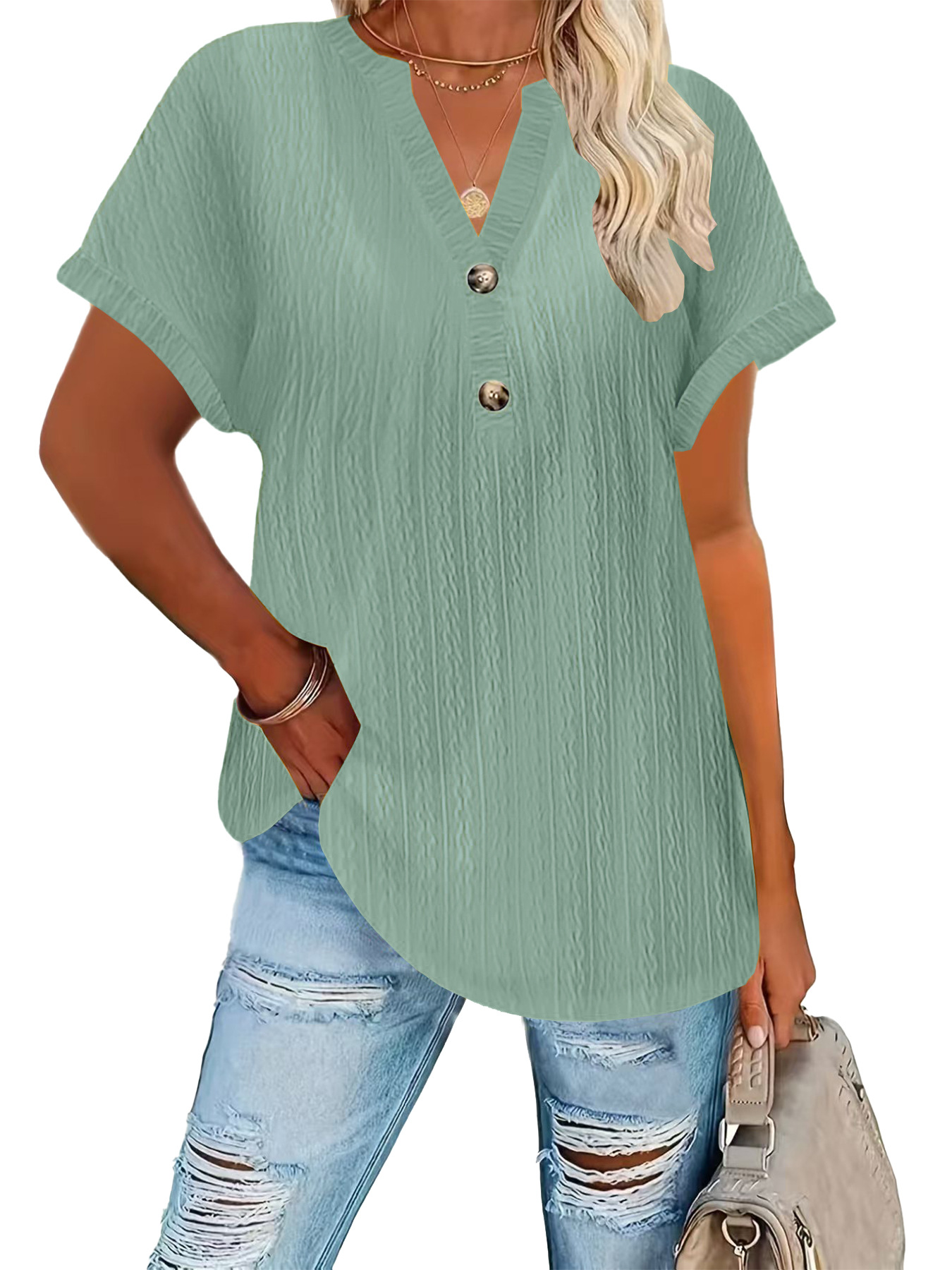 Women's Casual Solid Button V-Neck Short Sleeve T-Shirt