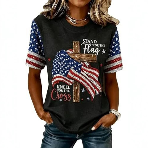 Summer Cross American Print Crewneck Short Sleeve Women's Top