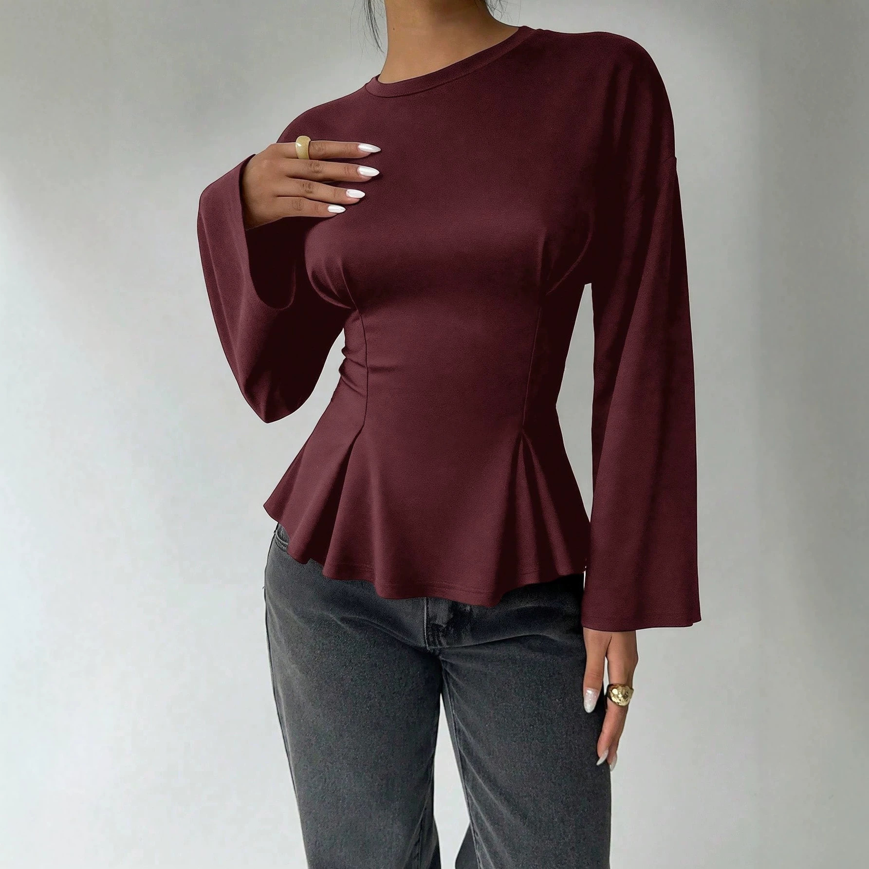 Women's Slim Fit Pleated Long Sleeve Crewneck Pullover Top