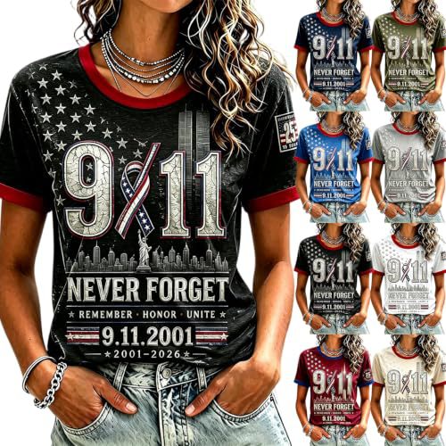 911 Twin Towers Ribbon Flag Print Short Sleeve T-Shirt