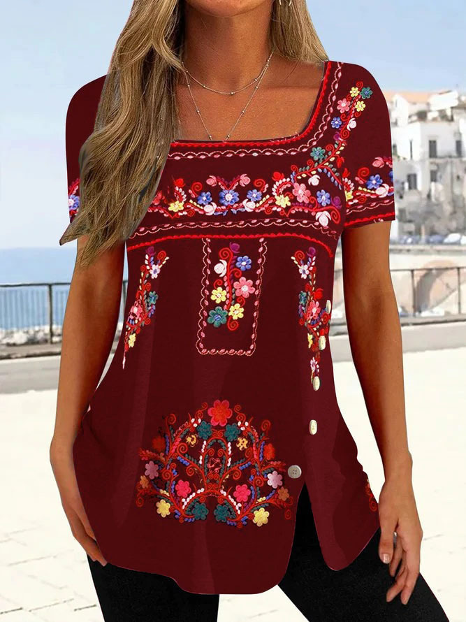 Women's Ethnic Floral Print Button Split Short Sleeve Top T-Shirt