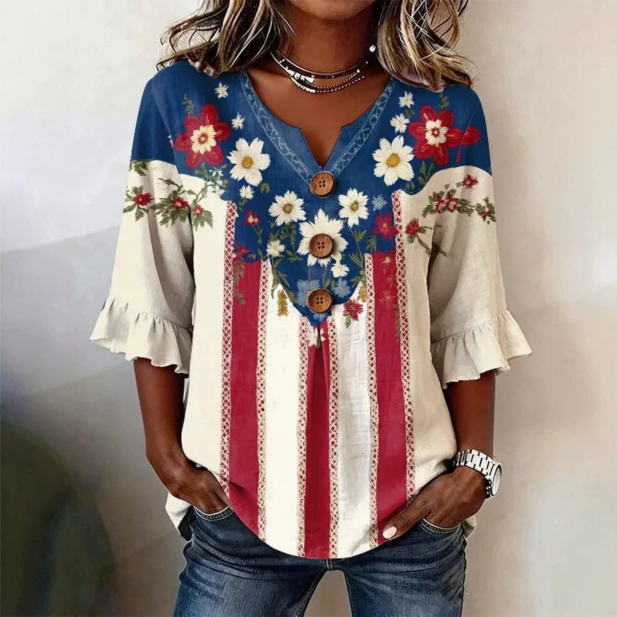Women's Summer Floral Print Short Sleeve Button-Up Top