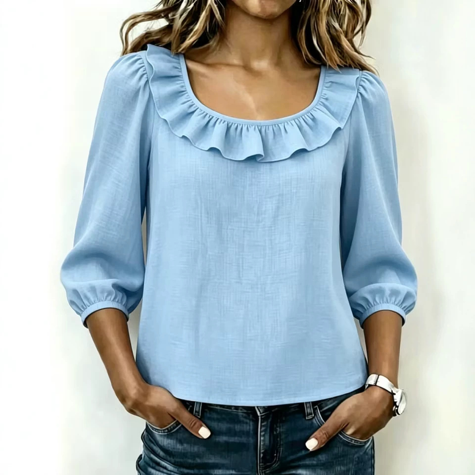 Women's Square Neck Ruffle Top with Puff Sleeves