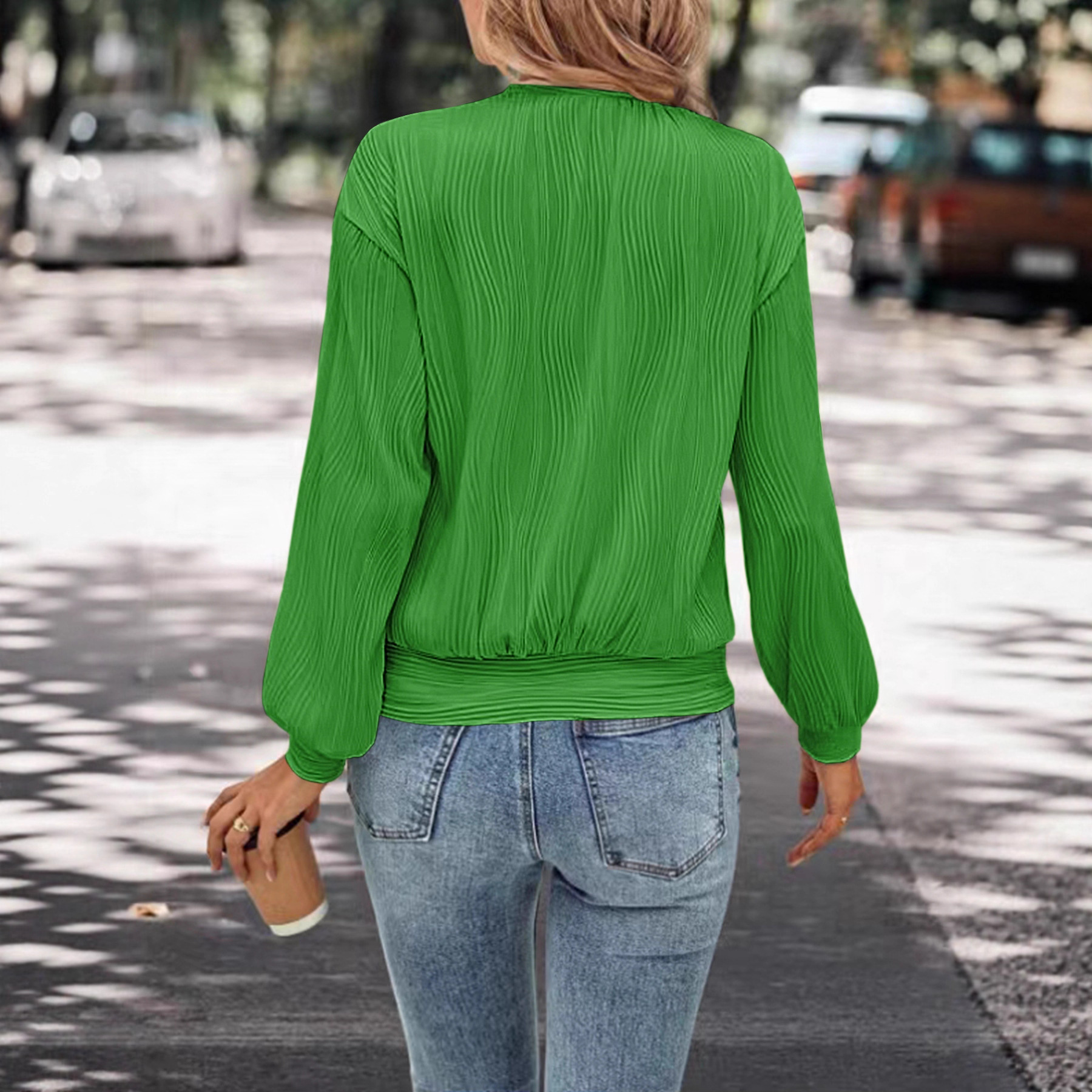Women's Drop Shoulder Long Sleeve Textured Knit T-Shirt Crew Neck Solid Color Loose Casual